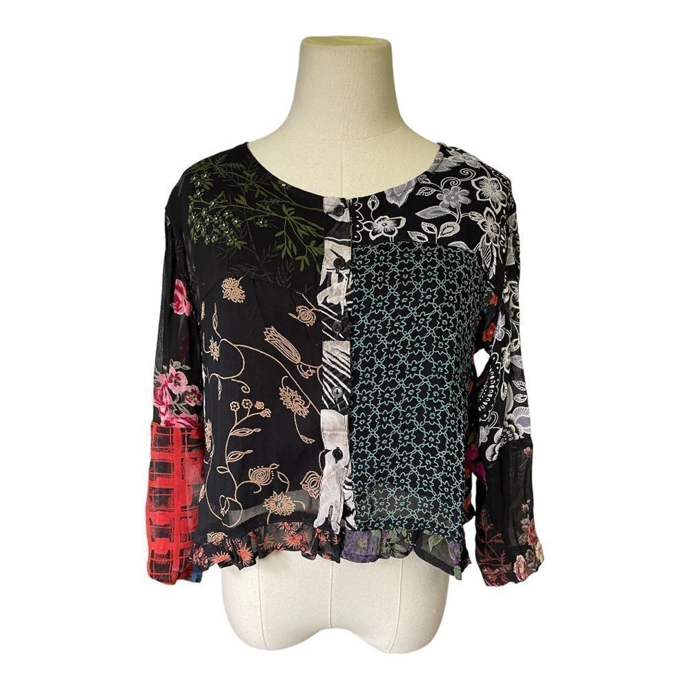 Sacred Threads Patchwork Button Blouse Size Small - image 1